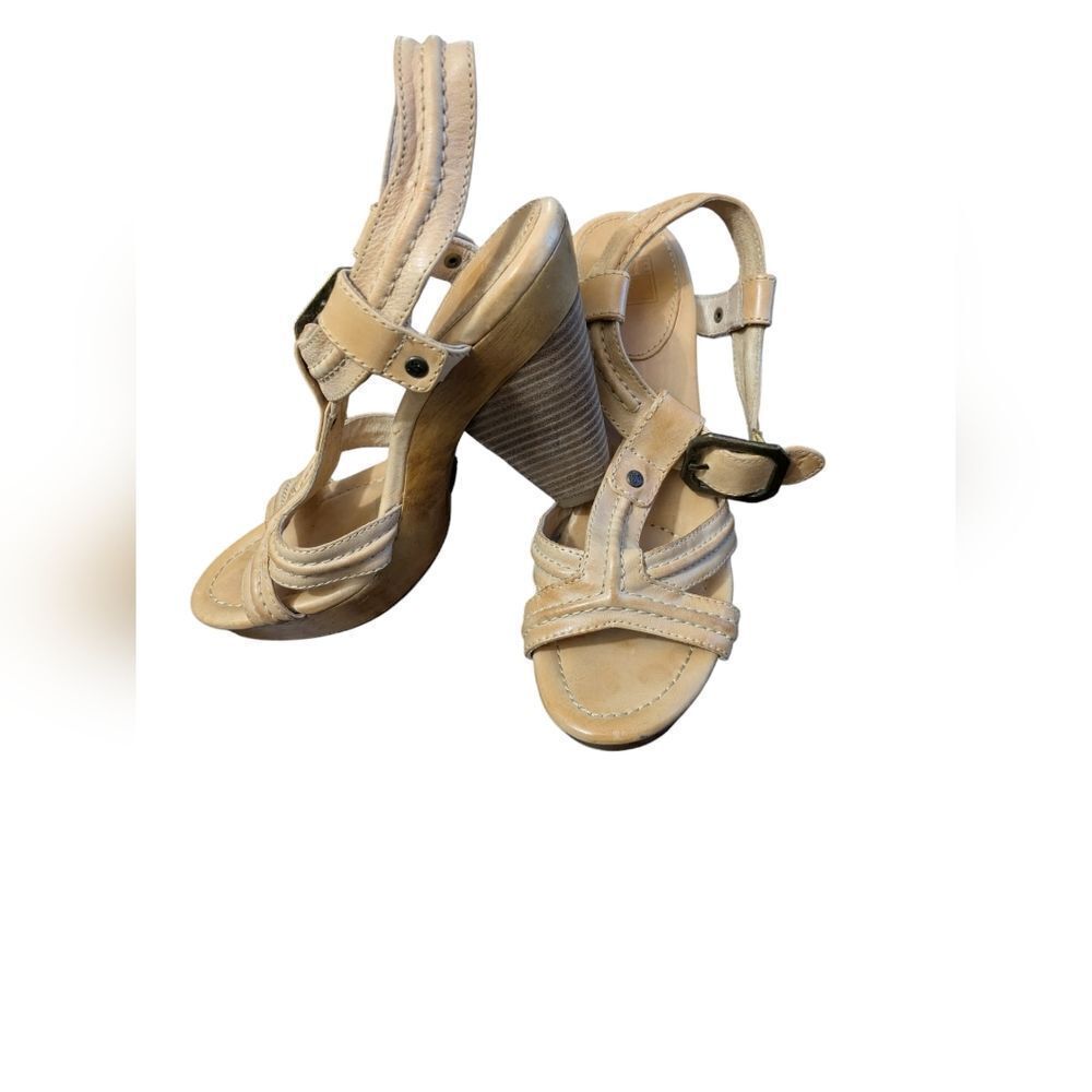 Frye Sage Leather Wood Platform Ankle Strap Buckle Heels Tan Shoes Size 9.5 M